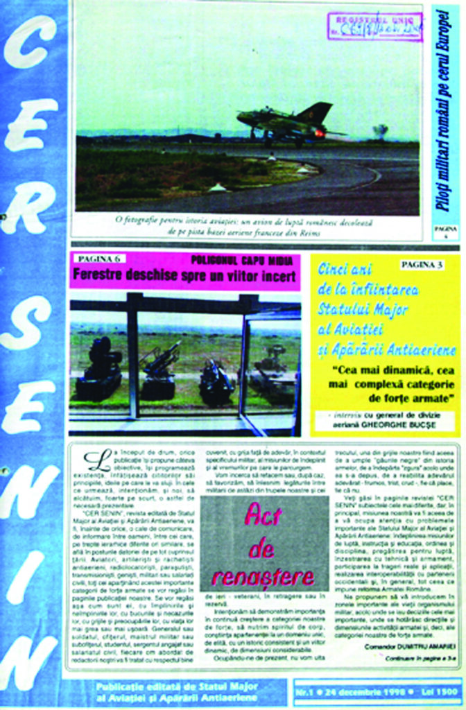 Ediția cu numărul 1 din anul 1998 a publicațiiei Forțelor Aeriene, CER SENIN